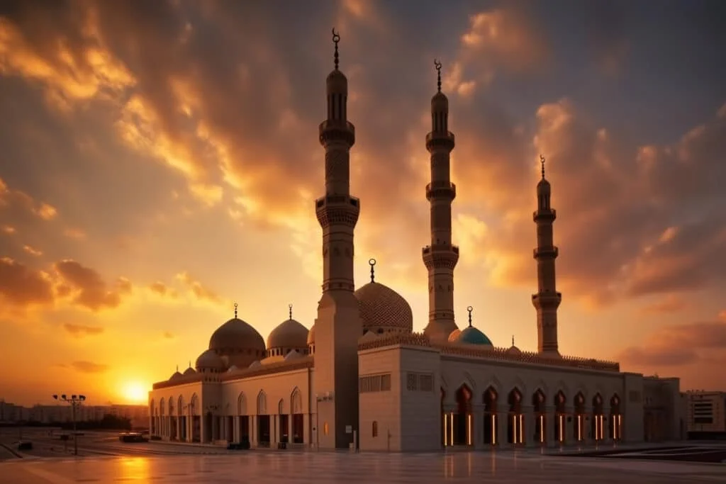 Moskee bij zonsondergang