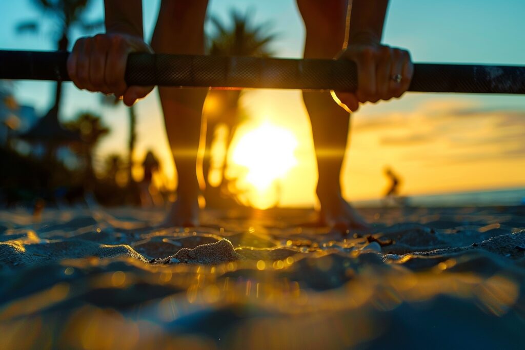 Iemand pakt halterstang op strand