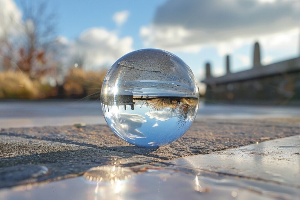 Zicht op een glazen bol met de wereld onderste boven